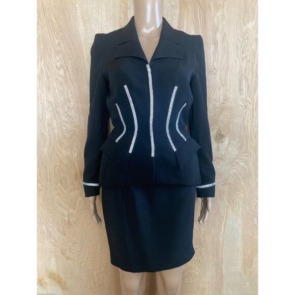 Thierry Mugler Paris Vintage 1998 Black Wool Rhinestone Skirt Suit FR 36 / US 4 - Picture 1 of 16